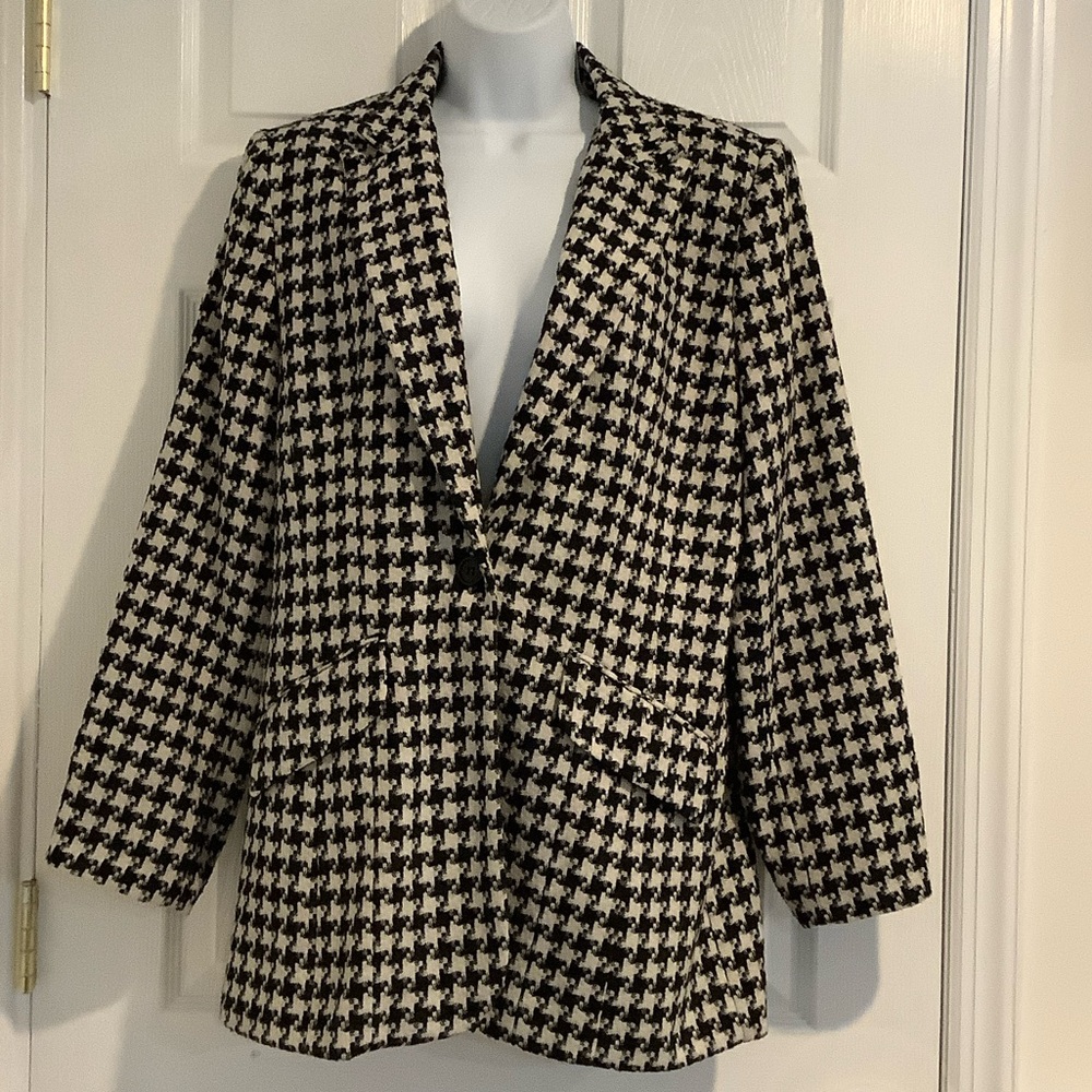 VINTAGE ADOLFO STUDIO Women’s Black/White Houndstooth Classic Blazer Jacket L